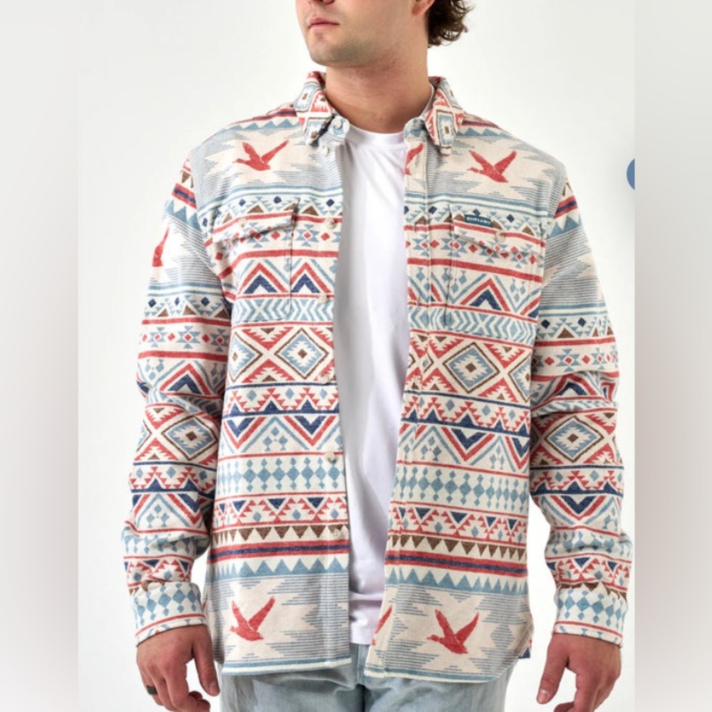 BURLEBO Cream Aztec-Pattern Lightweight Shirt Jacket with Red & Blue Accents NWT